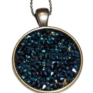 Blue silver necklace pendant and chain glitter sparkly round beautiful